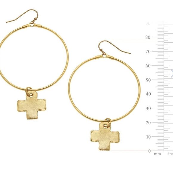 Susan Shaw Cross drop hoopsGold Hoop Earrings with Cross Charm - Picture 1 of 2